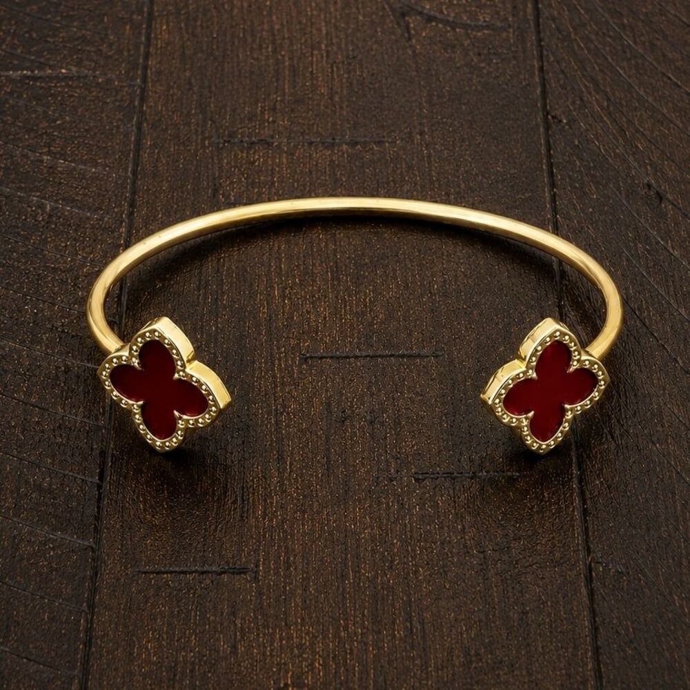 Gold Red Four Leaf Clover Open Cuff Bracelet Minimalist Adjustable Bangle